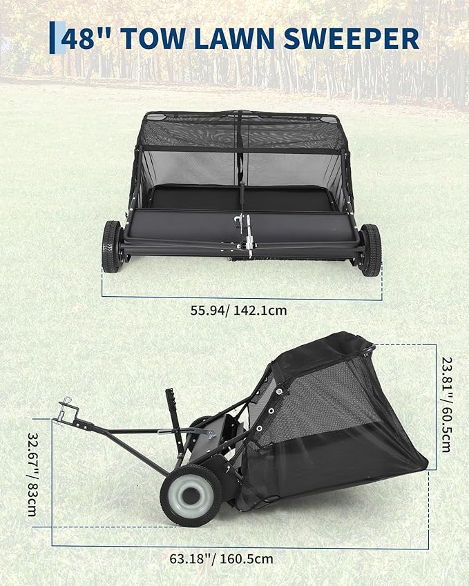 48" Lawn Sweeper Tow Behind, Heavy Duty Yard Sweeper Pull Behind with 25 Cu.Ft Large Hopper & Adjustable Sweeping Height, Universal Leaf Grass Collector for Tractor ATV UTV, Black