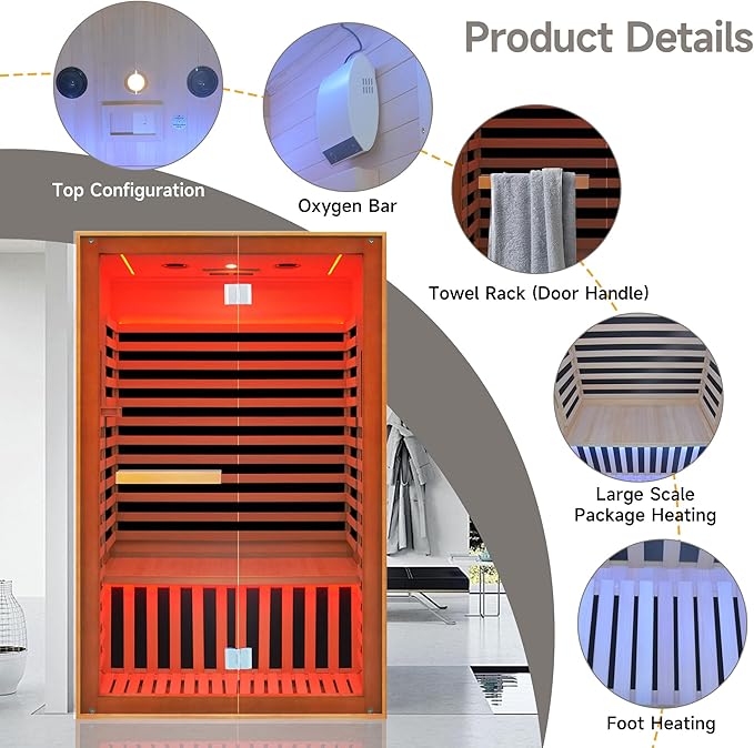 Far Infrared Sauna Home Sauna Indoor Sauna for 2 Person, 7 Color LED Dry Sauna Room with Low EMF 1950W for Home Gym, Canadian Hemlock Wood