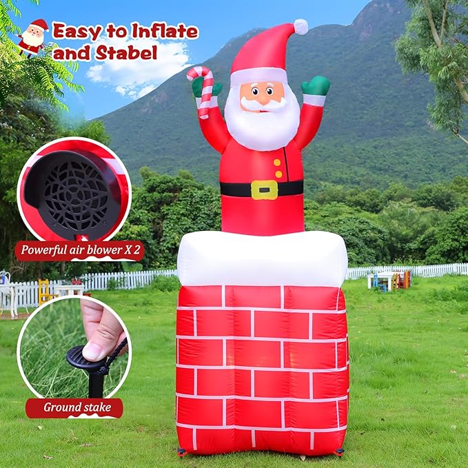 6FT Christmas Inflatables Santa Claus in The Chimney Automatic Up and Down, Outdoor Blow Up Santa Claus Yard Decorations Built-in LED Lights, Indoor Yard Party Lawn Garden Holiday Decor
