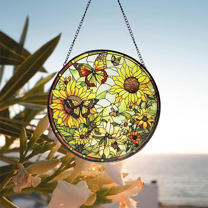 Sunflower Hanging Stained Glass for Windows,Hand-Painted Sun Catcher Garden Hangings，7.9 inch