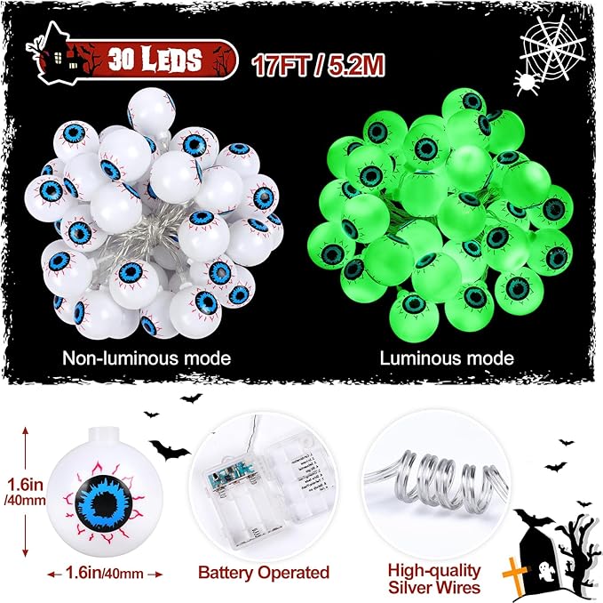 Halloween Decorations 30LED 17Ft Eyeball Halloween String Lights With Timer Remote Battery Operated 8 Modes Halloween Lights Halloween Indoor Outdoor Decorations For Home Garden Yard Halloween Décor