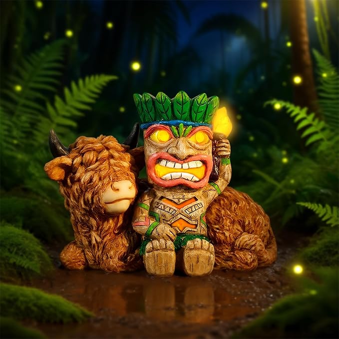 Funny Tiki Highland Cow Solar Garden Statue with LED Light - Outdoor Yard Lawn Patio Decor - Great Birthday Housewarming Gift for Women, Mom, Grandma