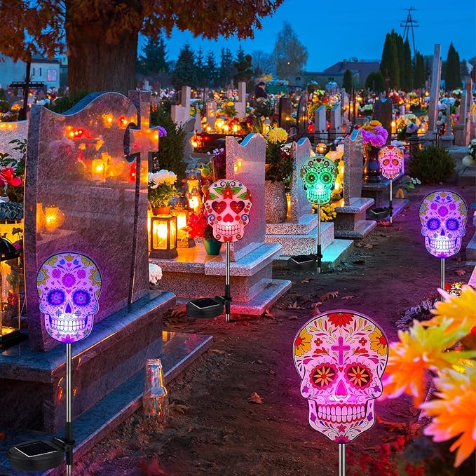 Retisee 4 Pack Day of The Dead Sugar Skull Solar Lights with Stakes Outdoors Skull Solar Yard Decorations Waterproof Lights for Halloween Outdoor Garden Lawn Patio Porch Pathway Decor Favors