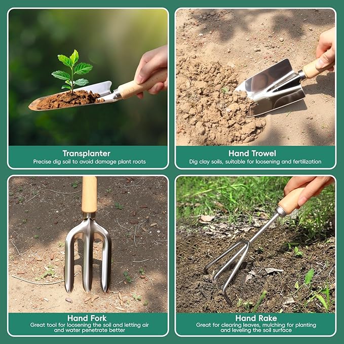 9-Piece Garden Tool Set, Heavy Duty Gardening Hand Tools with Wood Handle, Including Garden Tote, Gloves, Durable Stainless Steel Garden Tools, Gardening Gifts for Women, Mom, Men