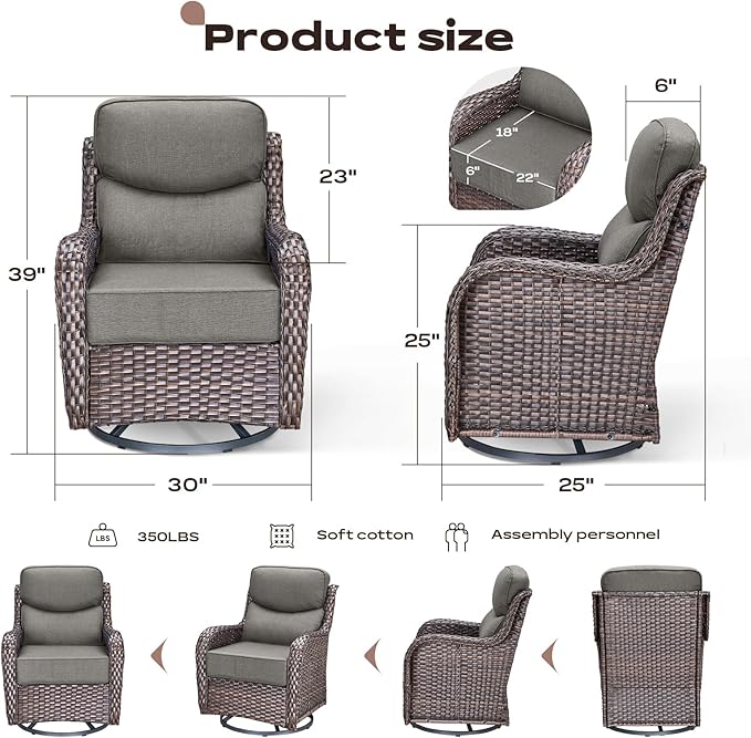 Rilyson 6 Piece Outdoor Patio Swivel Rocker Chairs, Waterproof Wicker, High Back, Deep Seating, Wide Armrest, Upgraded 6 inch Thick Cushions, Side Table, Ideal for Deck Porch Yard, Brown/Grey