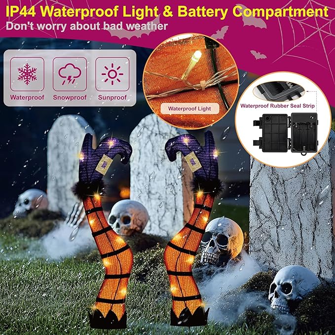 Halloween Lighted Witch Legs with Stakes, 22" Light Up Witch Feet with Timer & 8 Lighting Modes, Battery Operated Witch Decor for Indoor Outdoor Porch Planter Garden Decor(17" Leg+5" Stake)