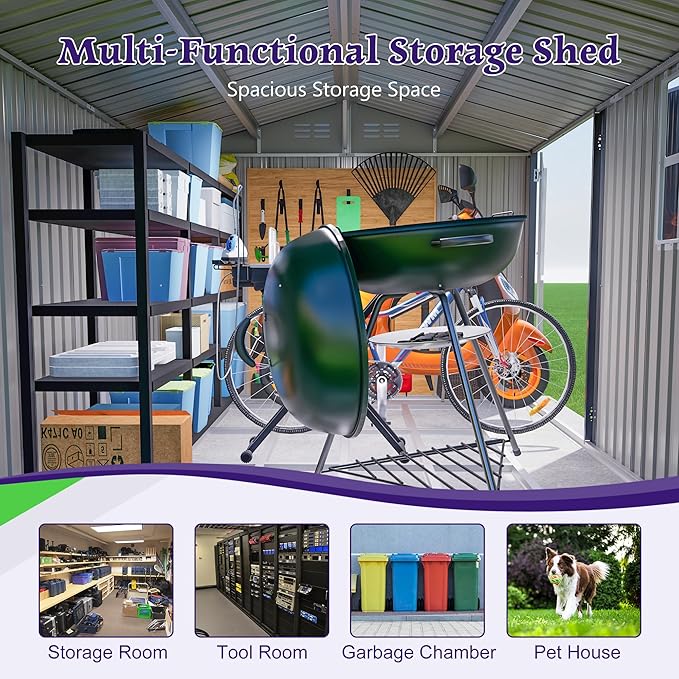 8x10 FT Shed Outdoor Storage Metal Large Garden Tool Sheds with Lockable Doors Floor Frame Window Gable Roof Waterproof Steel Utility Equipment Sheds for Backyard Patio Lawn Poolside, Grey