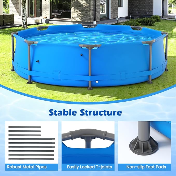 GYMAX 10ft x 30in Metal Frame Above Ground Swimming Pool, Outdoor Backyard Famliy Pool Set with Puncture-Resistant Fabric, Drainage Valve Connector for Kids & Adults (10' x 30", Round, Blue)