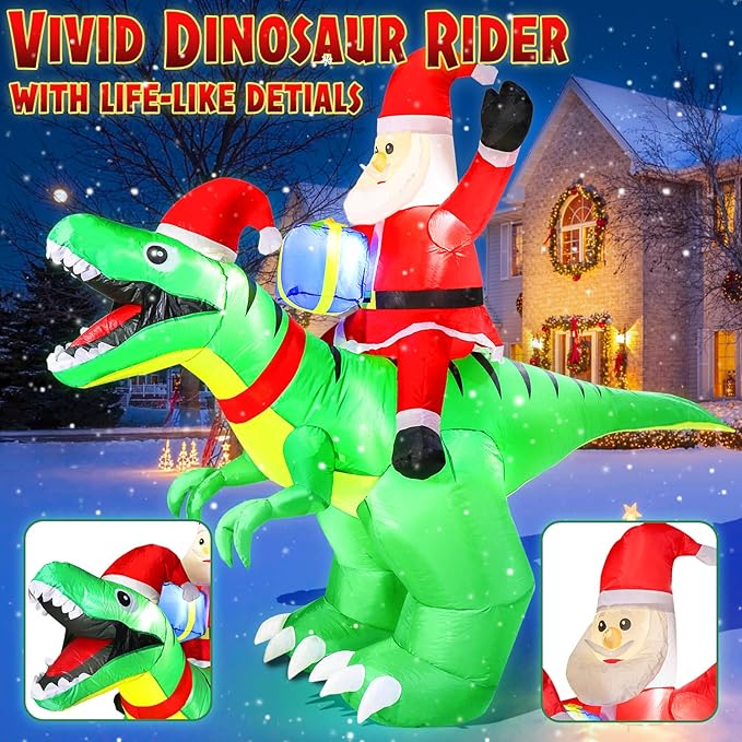 9x7FT Christmas Inflatables with LED Santa Ride on Dinosaur Outdoor Christmas Dinosaur Inflatable Blow Up Yard Decorations with Sandbags Stakes Strings for Garden Decor