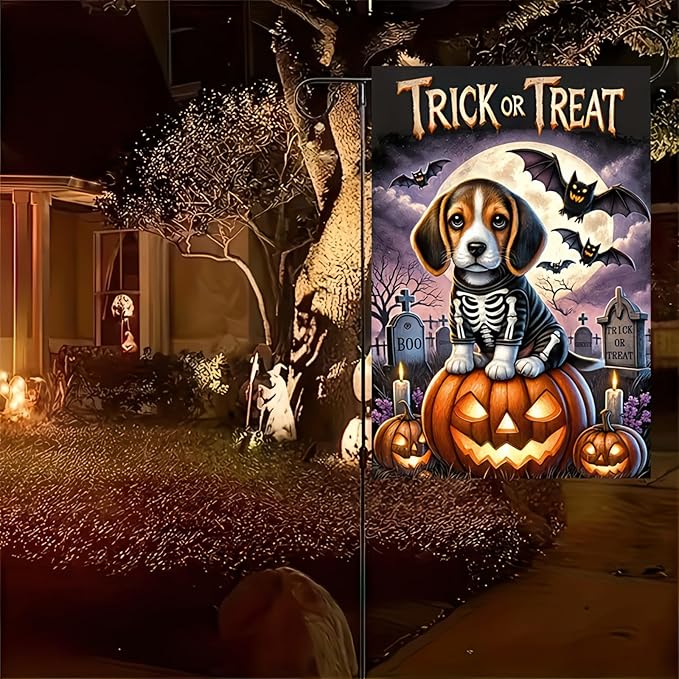 Happy Halloween Garden Flags for Outside Decoration,Beagle Skeleton Dog and Pumpkin Welcome Garden Flag for Outdoor Decor 12x18 Inch Vertical Double Sided