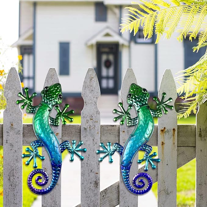 HONGLAND Metal Gecko Wall Art 15 Inch Lizard Outdoor Decor Lizards Garden Sculpture for Yard Fence 2 Pack