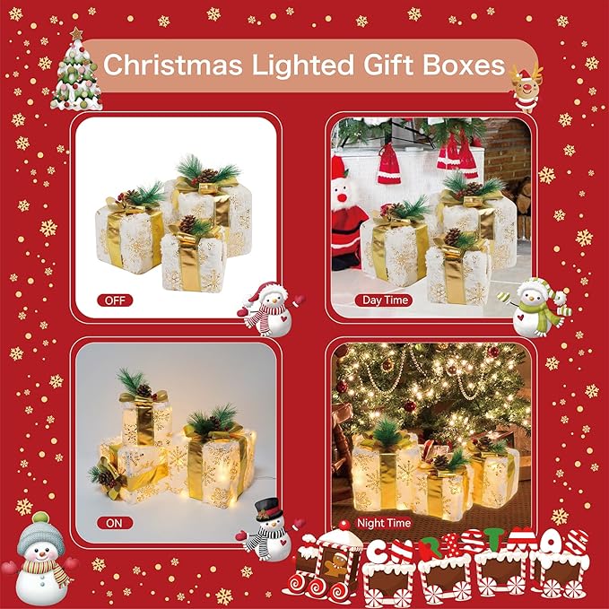 Set of 3 Christmas Lighted Gift Boxes, 60 LED Light Up Present Boxes for Christmas Decorations Indoor Xmas Tree Holiday Party Porch Home Decor (Gold Bow)