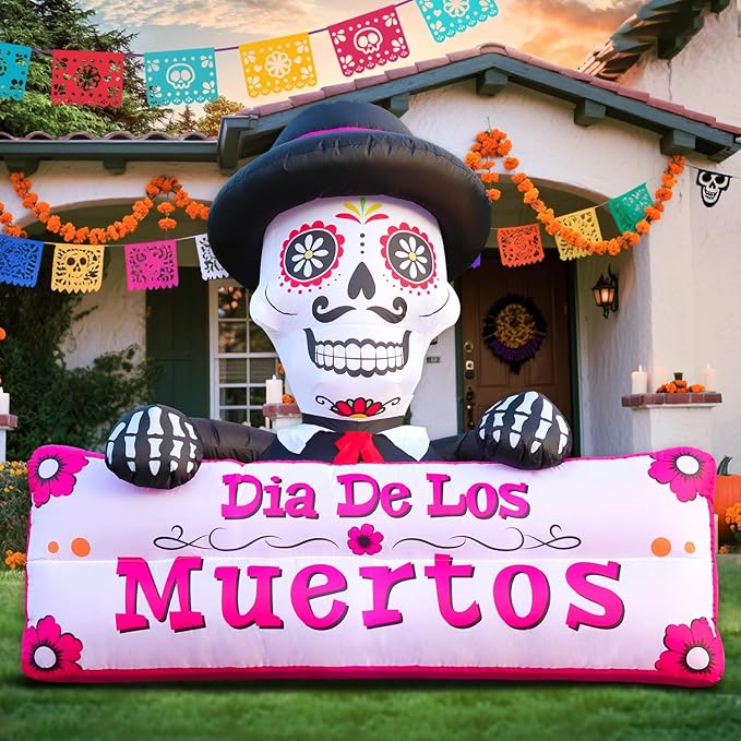 DomKom 6FT Halloween Inflatable Blow Up Decorations, Dia de Los Muertos Day of Dead Banner, Build-in LED Lights Holiday Blow Up Yard Decoration for Halloween Party Outdoor Garden Yard Lawn Decor