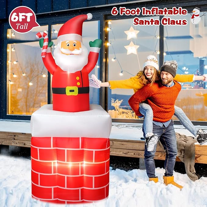 6FT Christmas Inflatables Santa Claus in The Chimney Automatic Up and Down, Outdoor Blow Up Santa Claus Yard Decorations Built-in LED Lights, Indoor Yard Party Lawn Garden Holiday Decor