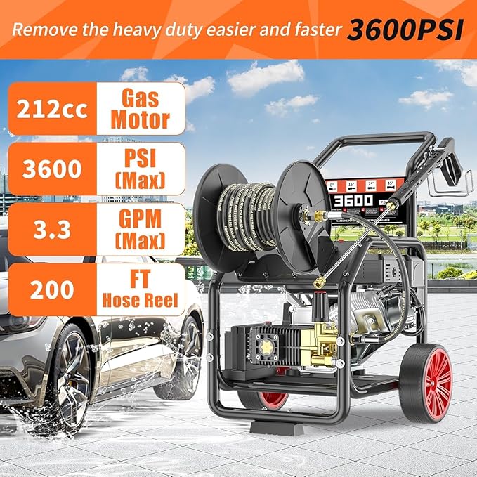 3600PSI Gas Pressure Washer with Hose Reel, 3.3 GPM, One-Button Electric Start 212cc 7HP Commercial Pressure Washer with 50FT 3/8" Hose, Spray Gun & Wand, 5 Quick Connect Nozzles
