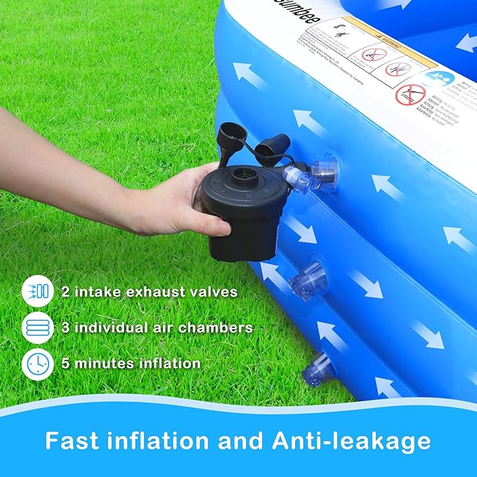 Sumbee Inflatable Swimming Pool for Kiddie Adults Kids, 120" X 72" X 22" Large Blow Up Pool for Family Backyard Outdoor Toddler,Big Rectangle Pools for Children Ages 4-8-12,Full-Sized,Blue