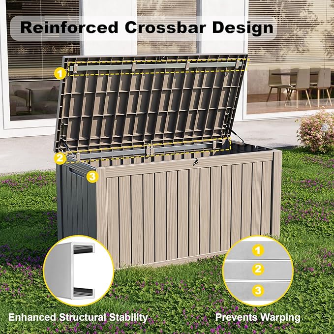 Vixzen 180 Gallon Resin Deck Box, Lockable Outdoor Storage Box for Patio Cushions Storage Furniture,Garden Tools, Pool Supplies, Weatherproof and UV Resistant- Light Brown