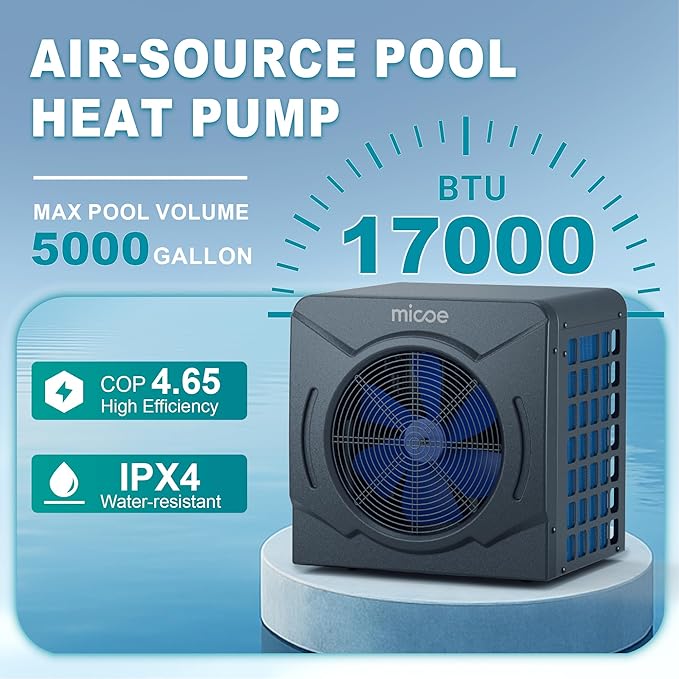 MICOE 17000 BTU Pool Heater for Above Ground, Swimming Pool Heat Pump Heating or Cooling, Titanium Heat Exchanger，Ultra Quiet 50dB, 120V with Easy Install Kit