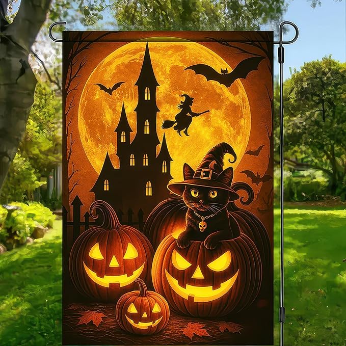 Happy Halloween Garden Flag 12x18 Inch Double Sided Black Cat Flags Pumpkin Witch Haunted Castle Banner Moon Bat Spooky Small Yard Flag for Halloween Outdoor Decoration