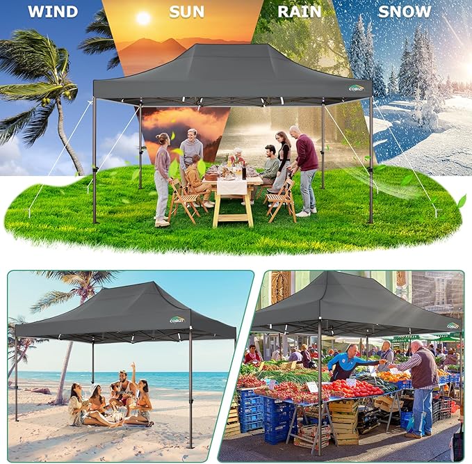 COBIZI 10x15 Pop Up Heavy Duty Canopy with 4 Sidewalls and Hexagonal Legs, Easy up Tent for Parties, Commercial and Wedding, Outdoor Canopy with Roller Bag, Sand Bags, Waterproof & UPF50+ (Gray)