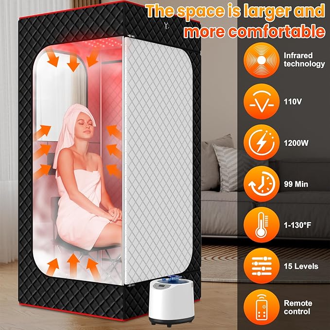 Infrared Home Steam Sauna Box, Portable Personal Full Body Sauna Spa Tent at Home for Relaxation with 660nm Red Light Therapy Lamp, 3L Steamer, Folding Chair, 15 Levels