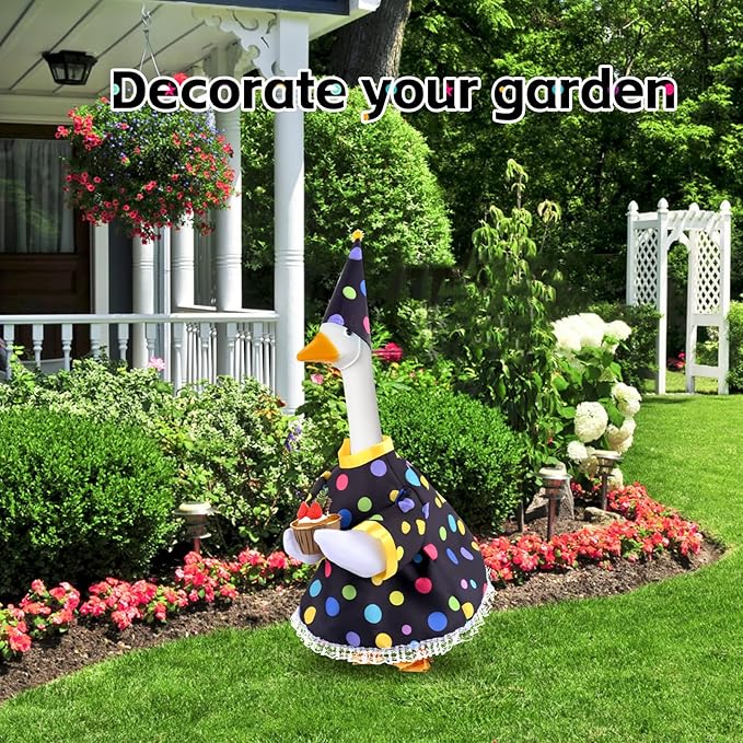 Happy Birthday Goose Outfit Porch Goose Outfits with Happy Birthday Cake Hat and Clothing for 23" Cement/Plastic Porch Goose Outdoor Statue Patio Yard Lawn Art