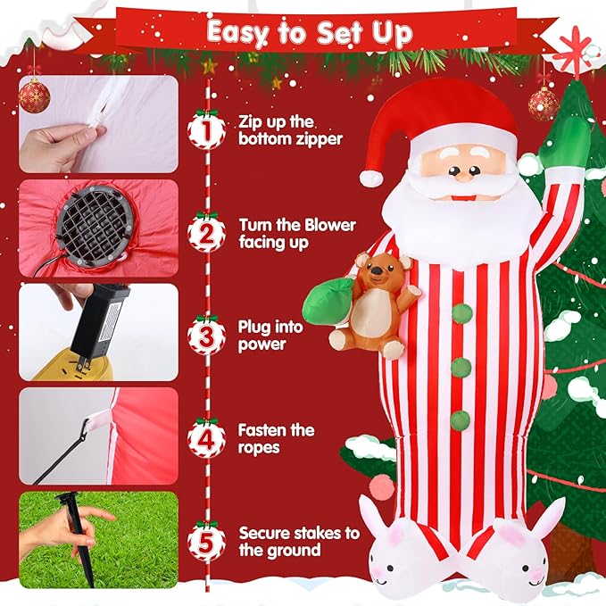 Christmas Inflatable Santa Claus Outdoor Decorations 8ft Giant Blow Up Yard Striped Santa Inflatables Cute Xmas Winter Blowups Led Lights Decor Rabbit for Holiday Vacation Outside Lawn