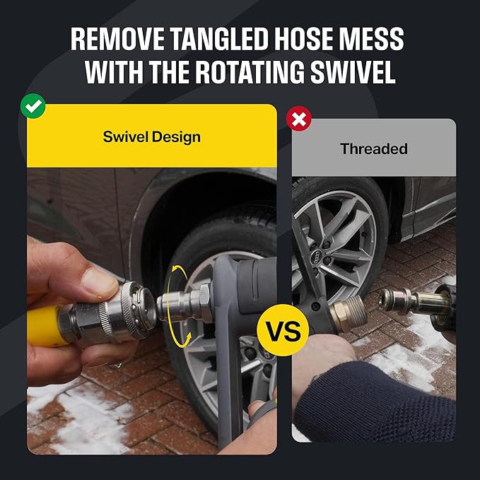Active Swivel Pressure Washer Gun with an inbuilt 3/8” inlet male swivel plug for pressure washer hose and 1/4” female quick connect for nozzles, wands & foam cannon for home car wash and detailing.