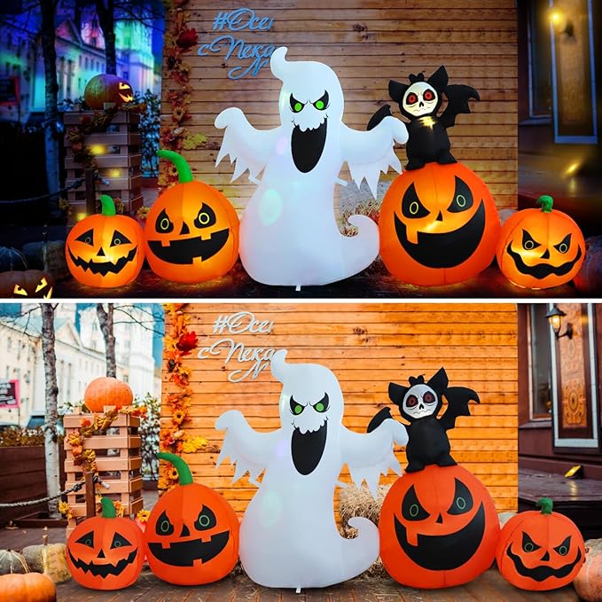 8ft Bat Pumpkin Row Stand Halloween Inflatable Outdoor Decoration, Yard Decorations with LED Lights for Outdoor Lawn, Garden, Home Holiday Party