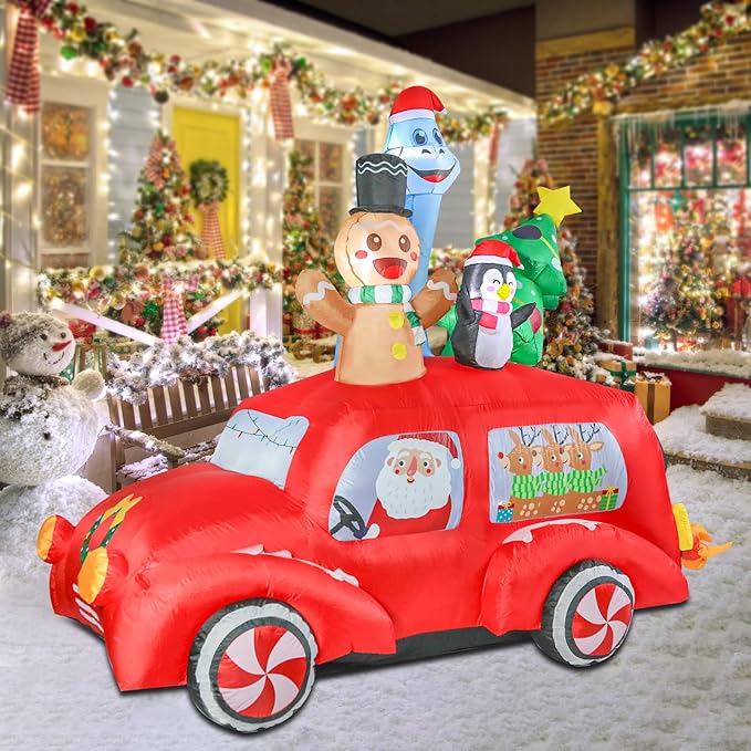 MUMTOP Christmas Car Inflatable-Christmas Inflatable Outdoor Decoration - 7.7 FT Lighted Inflatables Santa Carry Reindeer, Gingerbread, Penguin, Tree and Dinosaur, Blow Up Decor