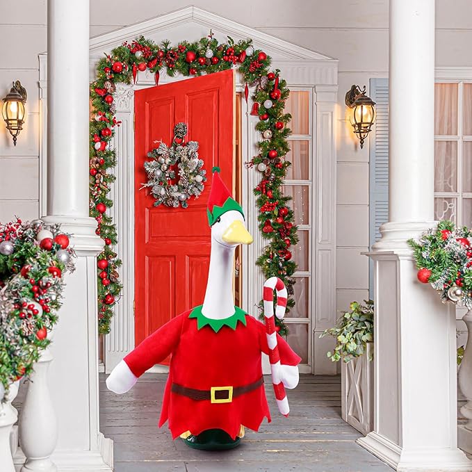 Christmas Toy Soldier Style Porch Goose Outfits,2 Pcs/Set Goose Clothes with Pointed Hat and Candy Cane Fits 23" Lawn Goose Statue,Red Christmas Outdoor Goose Costume,Yard Patio Garden Xmas Decor