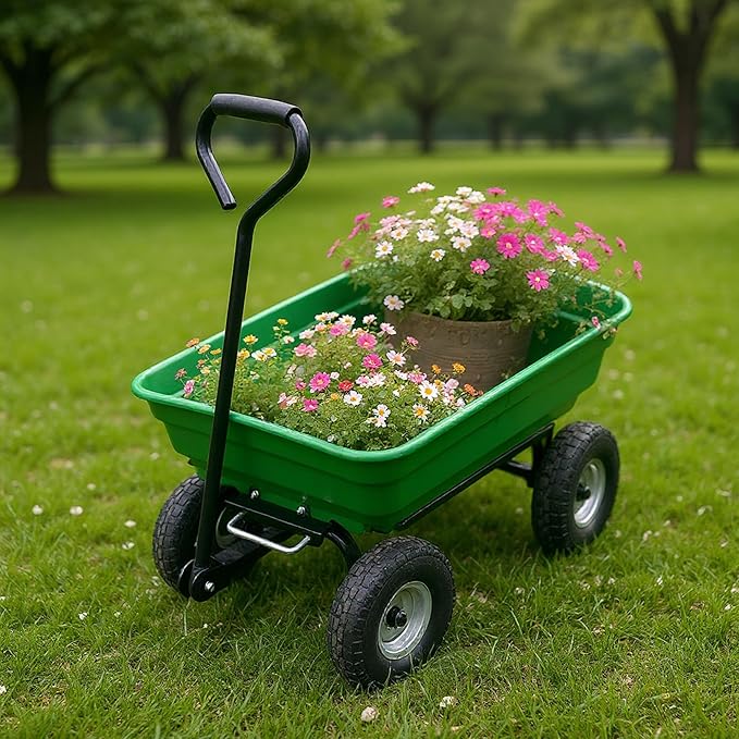 Wheelbarrow Garden Cart, Heavy Duty Home Utility, Four-Wheel Home Garden Yard Utility Wheelbarrow Cart with Built-in Stand,(Green)