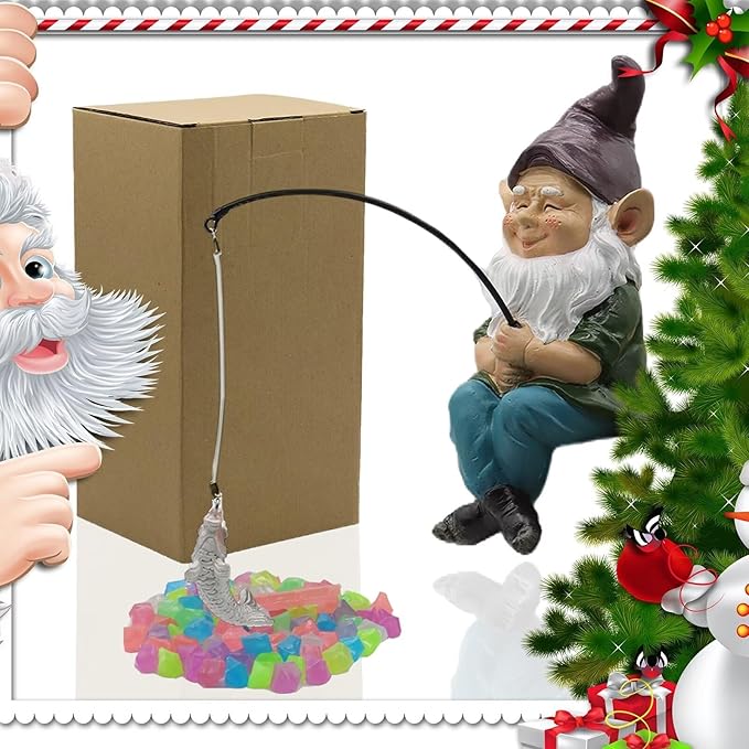 Garden Gnome Fishing Statue, 9.7" Koi Pond Decor with Glow in Dark Pebbles, Great Gift for Mom