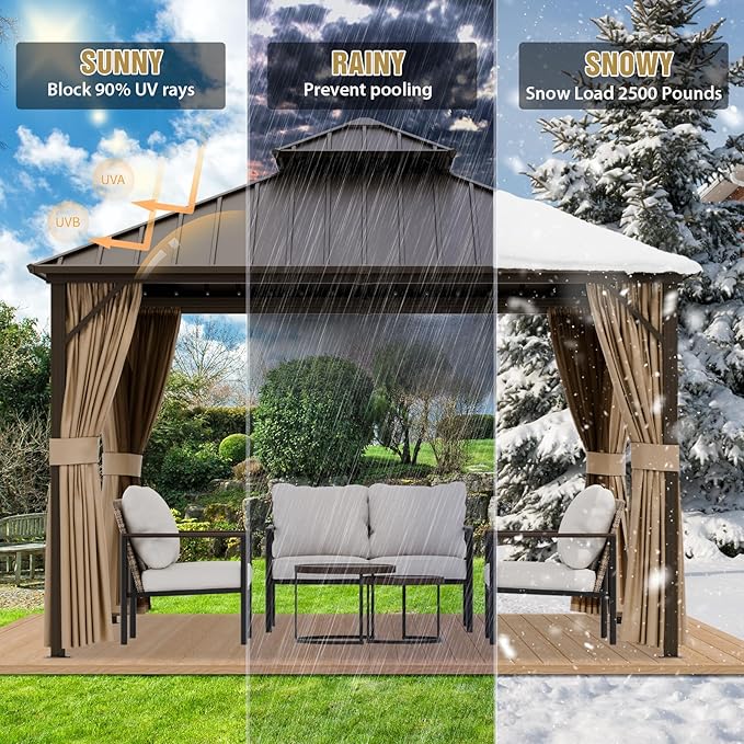 COOS BAY 12x12 Hardtop Gazebo with Aluminum Frame, Galvanized Steel Double Roof Outdoor Pavilion with Netting and Curtains, Dark Brown/Tan
