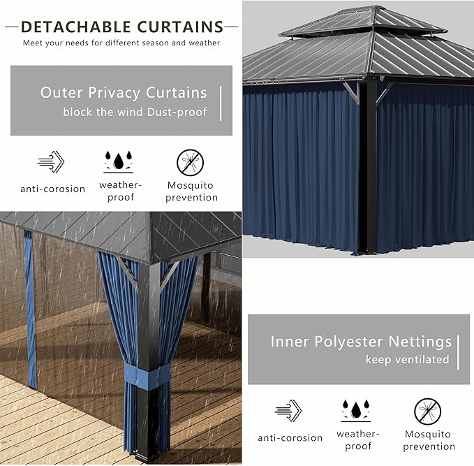 12x20ft Hardtop Gazebo Double Roof, Outdoor Pavilion with 2-Layer Hard top Galvanized Iron Frame Garden Tent, Suitable for courtyards, backyards, Decks, and Grass