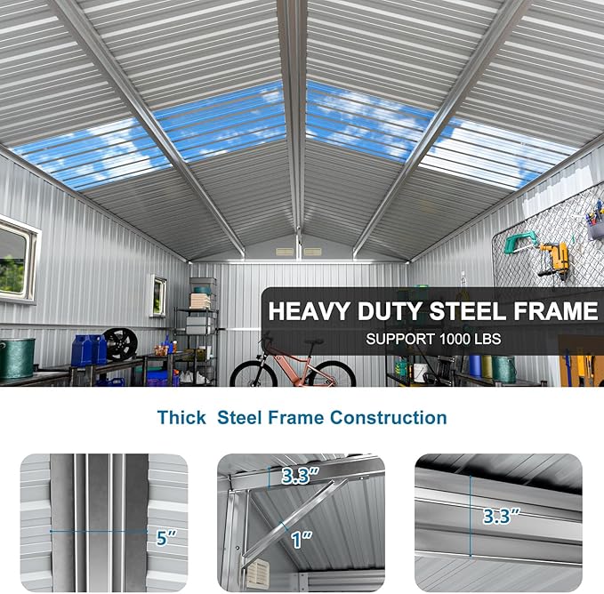 Metal Storage Shed 10x10 FT Large Outdoor Tools House with Unique Clear Roof Skyview Windows Air Vents Door for Garden Patio Lawn Backyard to Store Bikes,Lawnmower,Garage,Dark Grey