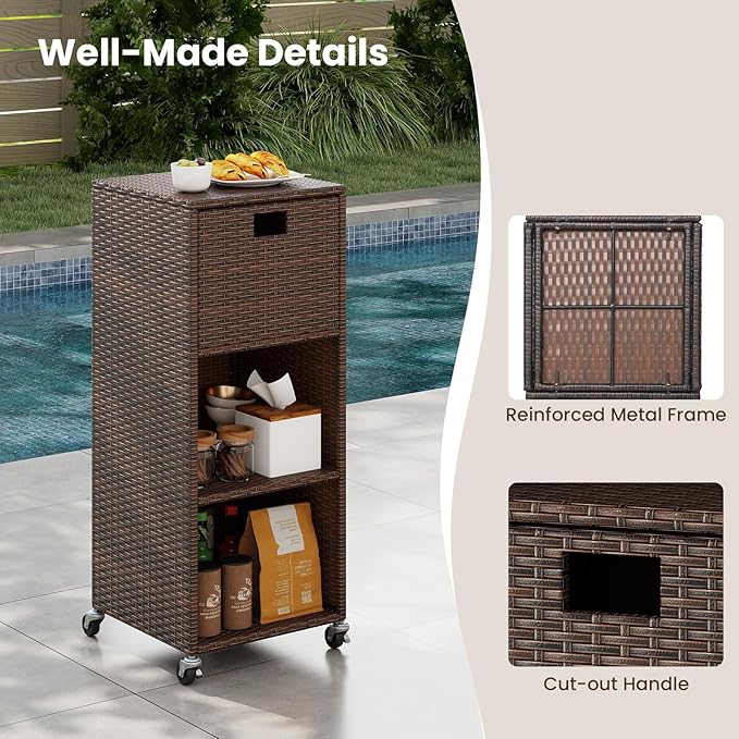 Tangkula Rattan Outdoor Storage Cabinet, Patiojoy Outdoor Wicker Cabinet with 3 Shelves, 1 Removable Drawer, 4 Wheels, Patio Storage Deck Box Cart for Backyard Poolside Porch (Mix Brown)