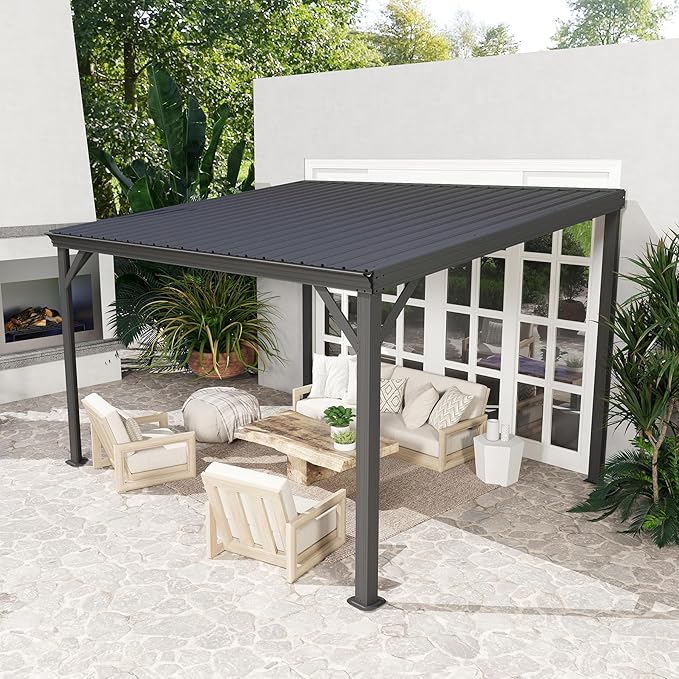 8x10FT Lean to Gazebo, Outdoor Metal Hardtop Wall Mounted Gazebo with Gutter & Sloping Galvanized Steel Roof, Hard Top Awnings/Shelter for Deck, Porch, Backyard