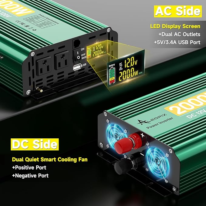 2000 Watt Inverter 12V to 110V/120V, Truck Inverter Modified Sine Wave 4000W Peak Power for Vehicles Car RV, with Remote Controller LED Digital Didplay 2 AC Outlets 3.4A USB Port