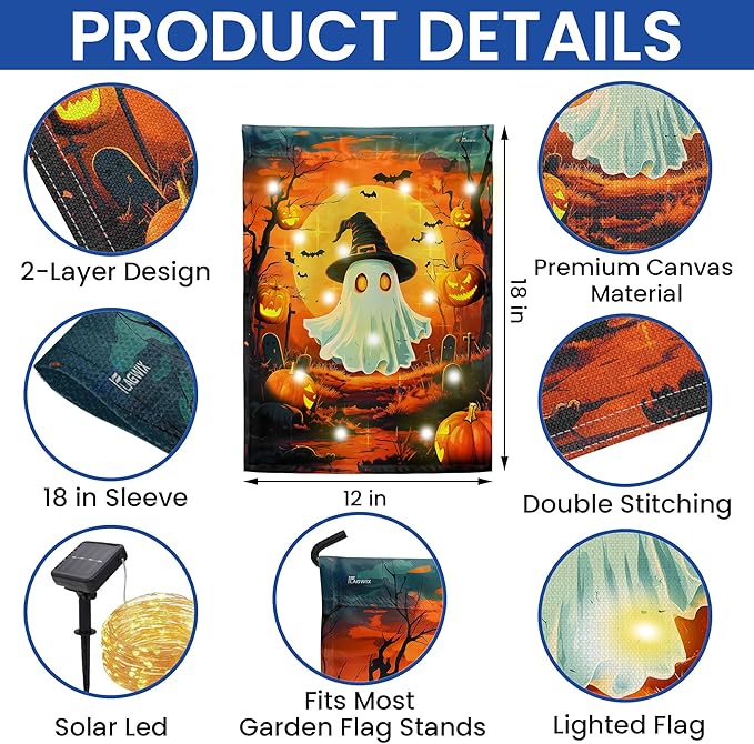 FLAGWIX Halloween Garden Flag - Solar Flag Light for Garden Decor 11.5"x17.5" - Fall Garden Flags for Halloween Decorations, Yard Flags for Fall Outdoor Decor, Outside Decorations for Yard