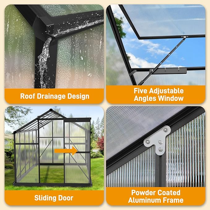 Greenhouse for Outdoors, 6x10 FT Heavy Duty Polycarbonate Greenhouse with 5 Roof Vents, Aluminum Large Walk-in Greenhouse for Outside Garden Backyard, Easy Setup, Black