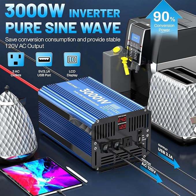 3000 Watt Pure Sine Wave Power Inverter 24V DC to 110V 120V Converter for Home, RV and Off-Grid Solar Systems with 3 AC Outlets, Dual USB Ports, LCD Display and Remote Control