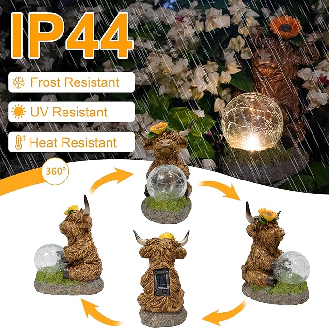 Highland Cow Outdoor Statue with Solar Transparent Ball for Garden Outside Yard Lawn Decor Highland Cow Figurine Porch Patio Balcony Home, Birthday Gifts for Mom Women