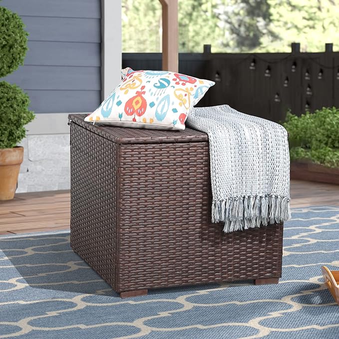 Patiorama 88 Gallon Wicker Deck Box, Indoor/Outdoor Storage Box for Patio Cushions, and Gardening Tools- Resin Rattan Patio Cushion Storage Bin, Brown