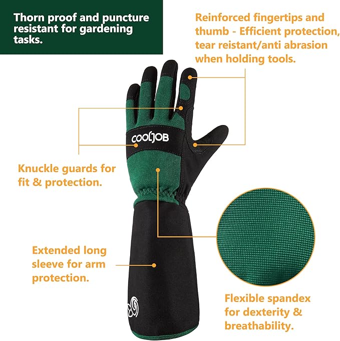 COOLJOB Thorn Proof Rose Pruning Garden Gloves for Men, Long Sleeve Padded Yard Work for Bush, Blackberry, Cactus, Heavy Duty/Puncture Resistant/Machine Washable, Xlarge, Green
