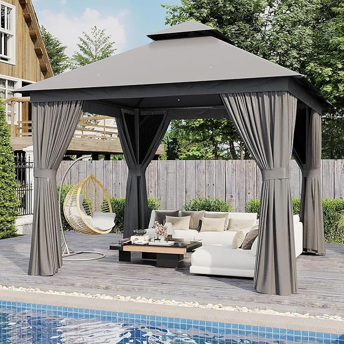 AOXUN Outdoor Gazebo for Patio 10x10, Metal Frame Canopy with Double Roofs, Heavy Duty Party Tent and Shelter with Mosquito Netting and Privacy Screen for Backyard, Lawn, Garden, Deck