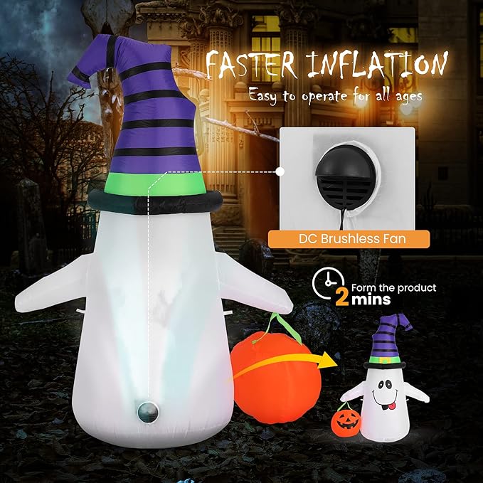 VIVOHOME 5FT Halloween Inflatable Yard Decor, White Ghost with Pumpkin, Outdoor Blow Up with Built-in LED Light for Lawn, Garden, Party