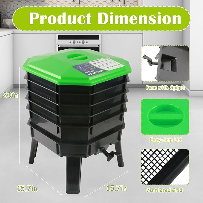 5-Layer Tray Worm Composter, Sustainable for Both Indoor & Outdoor, Worm Compost Bin for Vermicomposting Starter, Recycling Food Wastes