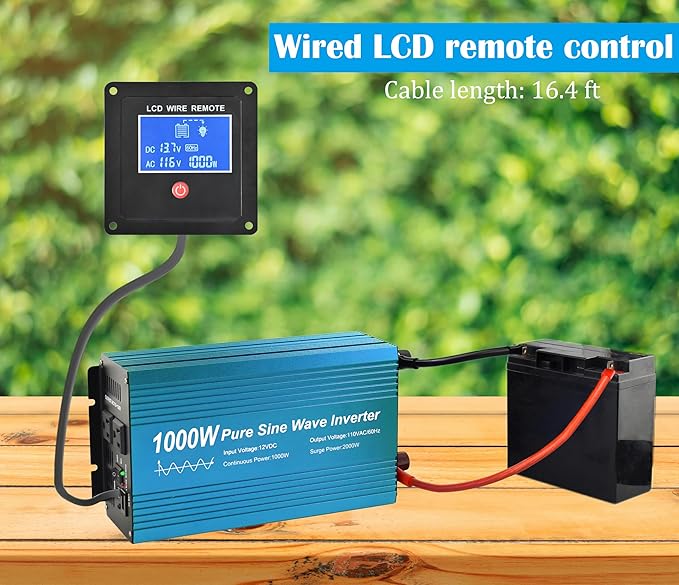 Pure Sine Wave Power Inverter 1000W DC12V to AC 110V with Dual sockets and USB, LCD Remote kit. (1000W)