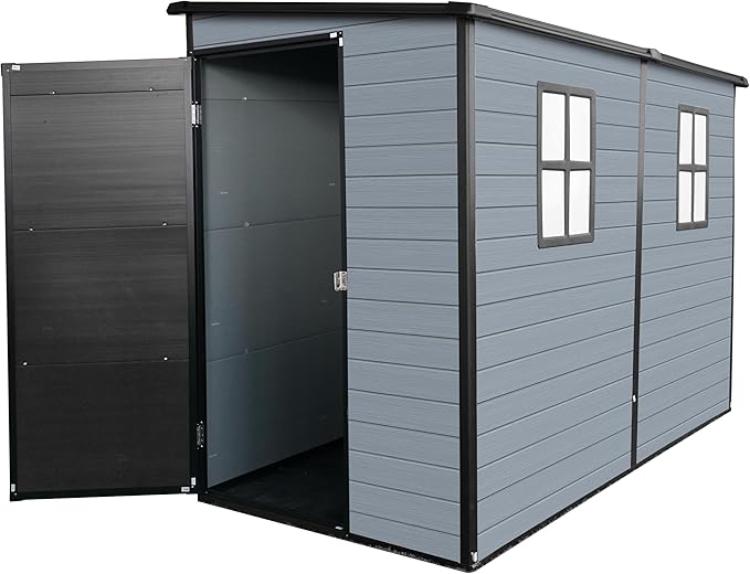 LANTRO JS 4x8FT Plastic Storage Shed with Floor, Outdoor Storage Shed with Floor Included, with 2 Windows and Lockable Door, Backyard Storage Sheds for Garden Tools, Bike, Gray and Black